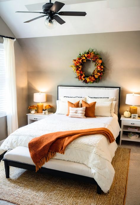 Fall Halloween Bedroom Ideas You Really Like - Blushiee Fall Master Bed Decor, Simple Fall Bedroom Decor, Fall Halloween Bedroom, Thanksgiving Bedroom, Halloween Bedroom Ideas, Fall Decor Bedroom, 2024 Bedroom, Fall Bedroom Decor, Halloween Bedroom