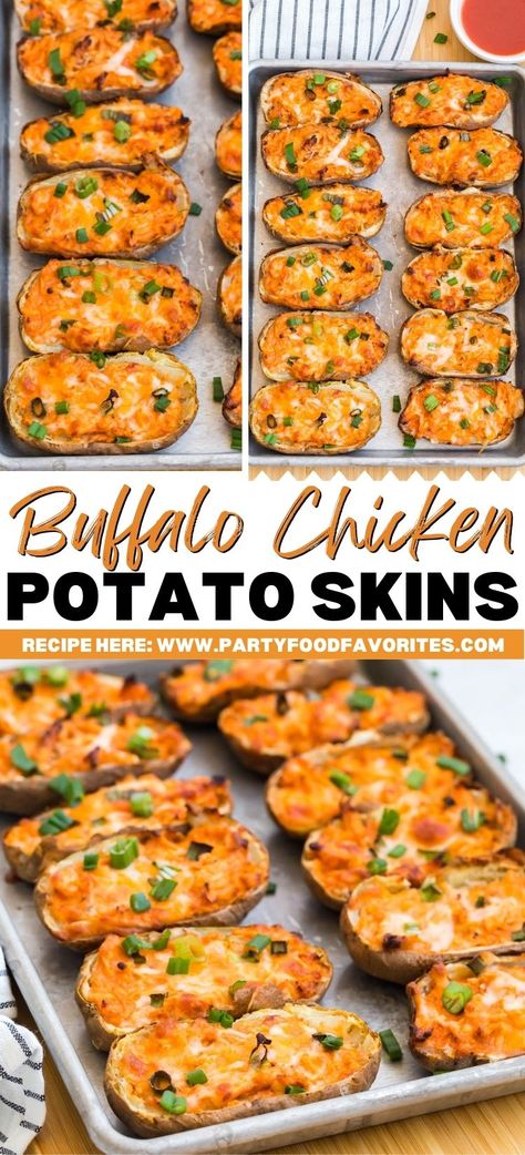 Pulled Chicken Baked Potato, Buffalo Chicken Finger Food, Buffalo Chicken Twice Baked Potatoes, Buffalo Chicken Potato Skillet, Loaded Chicken Potatoes, Buffalo Chicken Potato Skins, Baked Potato Skins Loaded, Potatoe Skins Recipe Easy, Poppable Appetizers