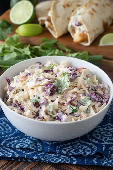 The Perfect Coleslaw for Fish Tacos - COOKtheSTORY Coleslaw For Fish Tacos, Tropical Salsa Recipe, Beet And Kale Salad, Coleslaw For Pulled Pork, Easy Coleslaw Recipe, Recipes For Shrimp, Slaw For Fish Tacos, Best Coleslaw, Best Coleslaw Recipe