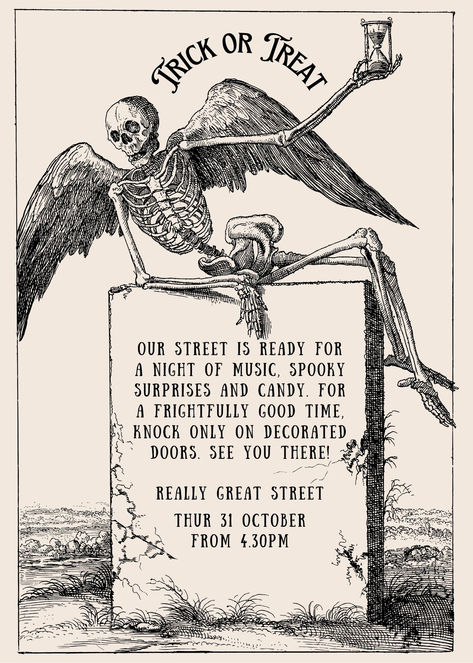 Black Beige Vintage Street Party Trick or Treat Halloween Flyer Trick Or Treat Invitations, Halloween Event Flyer, Halloween Invitations Template Free, Halloween Party Flyer Design, Halloween Party Invitations Template, Vintage Halloween Party Invitations, Vintage Halloween Invitations, Halloween Invites, Nostalgic Halloween