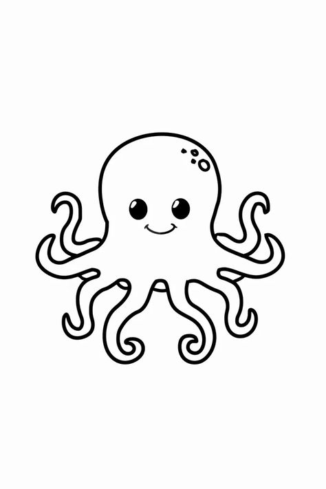 Smiling octopus line drawing, simple, black and white, suitable for children. Octopus Drawing Simple, Octopus Line Drawing, Octopus Doodle, Octopus Outline, Line Drawing Simple, Outline Pictures, Octopus Drawing, A Line Drawing, Small Mouth