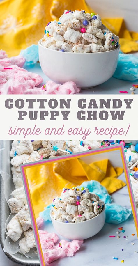 Cotton Candy Puppy Chow Recipe, Puppy Chow With Jello, Cotton Candy Puppy Chow, Puppy Chow Different Flavors, Smores Puppy Chow Recipe, Cotton Candy Snacks, Mix Snack Recipes, Muddy Buddy Flavors, Candy Trail Mix Recipe