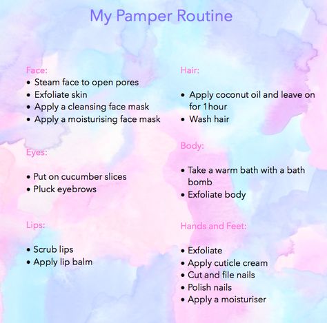 Full Pamper Routine, What Do You Need For A Spa Day At Home, Weekly Pamper Routine, Pamper Yourself Ideas, Pamper Checklist, At Home Spa Day Ideas, Spa Night Party, Spa Night At Home, Diy Spa Day At Home