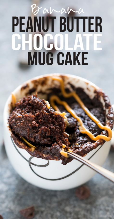 Banana Chocolate Peanut Butter Mug Cake | Microwave Mug Cake Recipe | Eggless Mug Cake | Molten Gooey Egg Free Chocolate Mug Cake | Can be Vegan Banana Chocolate Peanut Butter, Chocolate Peanut Butter Mug Cake, Peanut Butter Mug Cake, Banana Mug Cake, Vegan Mug Cakes, Peanut Butter Mug Cakes, Mug Cake Recipe, Chocolate Mug Cake, Mug Cake Microwave