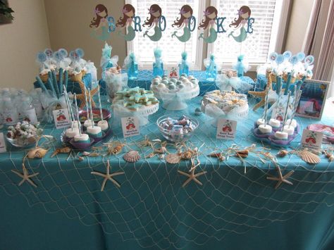 Candy table - mermaid themed birthday party | For this party I made Cake balls covered in chocolate and shimmer dust ... Beach Theme Party Decorations, Beach Birthday Party, Sea Baby Shower, Beach Party Decorations, Sea Birthday Party, Mermaid Theme Party, Mermaid Baby Showers, Beach Themed Party, Mermaid Parties