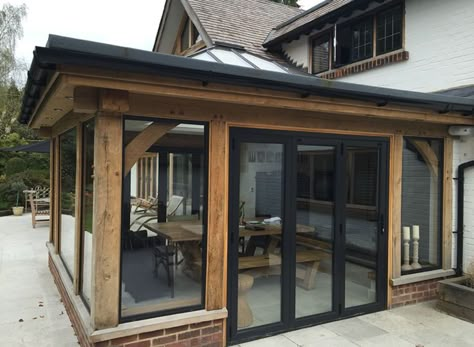 Timber Frame Conservatory, Garden Room Exterior, A Frame With Extension, Oak Extension Ideas, Timber Extension Ideas, Oak Conservatory, Summer Rooms, Oak Extension, Timber Extension