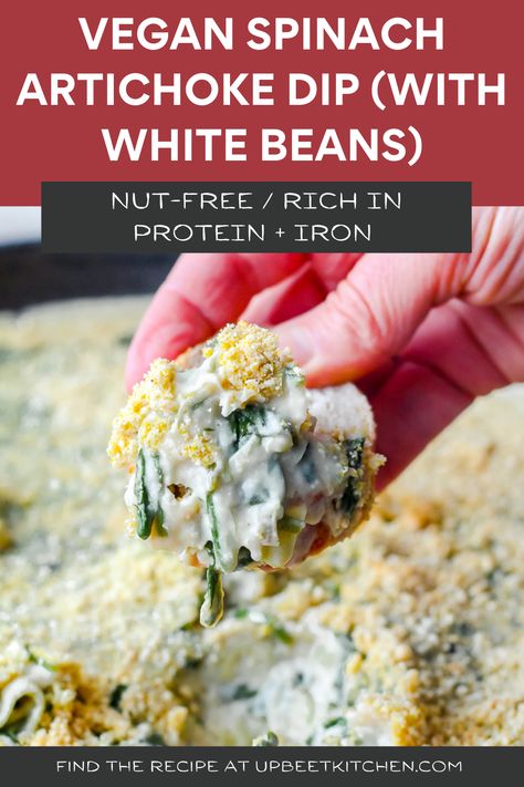 Rather than relying on cashews, this vegan spinach artichoke dip uses white beans as a creamy base and offers lots of protein, fibre, and iron for a healthy game day snack. Artichoke White Bean Dip, Vegan Artichoke White Bean Dip, White Bean Artichoke Dip, White Bean Dip Vegan, Bean Dip Vegan, Vegan Spinach And Artichoke Dip, Vegan Artichoke Dip, White Bean Spinach, Vegan Spinach Dip