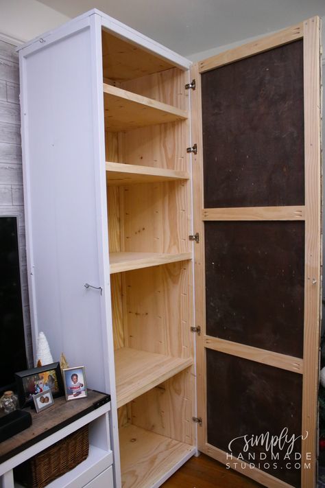 How to build a wood storage cabinet in 9 steps - simply handmade studios Pallet Pantry Cabinet Diy, Easy Diy Pantry Cabinet, Build A Storage Cabinet, Pallet Deck Diy, Craft Storage Cabinets, Pallet Barn, Wood Storage Cabinet, Boot Storage, Cabinet Plans