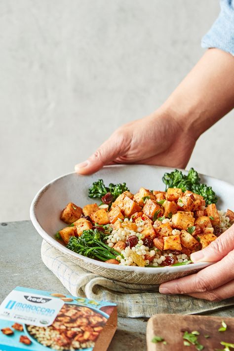 Hands cupping bowl filled with couscous salad and Hodo tofu cubes. Moroccan Tofu, Moroccan Couscous Salad, Salad With Tofu, Tofu Cubes, Moroccan Couscous, Simple Lunch, Lunch Idea, Couscous Salad, Tofu Recipes