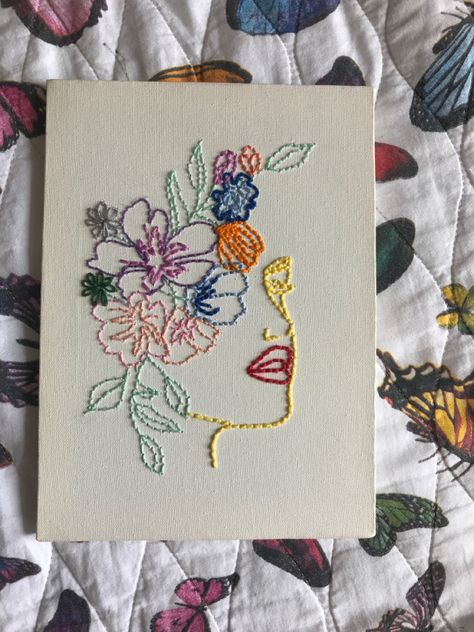 Sewing On Canvas Art Ideas, Embroidered Line Art, Paint Embroidery Canvas, Thread Canvas Art Ideas, Paint And Embroidery Canvas, Line Art Painting Canvases, Needle Art On Canvas, Thread Painting On Canvas, Embroidery Designs On Canvas