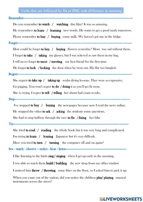 Gerund And Infinitive Worksheets, Verbs Followed By Gerund, Gerunds Worksheet, Gerund Exercises, Free English Courses, English Grammar Tenses, English Collocations, Vocabulary Exercises, Learn English Speaking