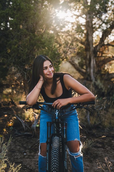 Mountain bike senior portrait Mountain Bike Pictures, Bike Senior Pictures, Vacation Poses, Bike Skirt, Sr Pictures, Mountain Biking Photography, Bike Pictures, Bike Photography, Bike Photo