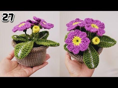 How to crochet Primrose Flower in a Pot - Tutorial step by step for beginners - YouTube Crochet Primrose, Flower In A Pot, Primrose Flower, Change Colors In Crochet, Crochet Border Patterns, 3d Crochet, Flowers In Pots, Crochet Necklace Pattern, Crochet Dreamcatcher