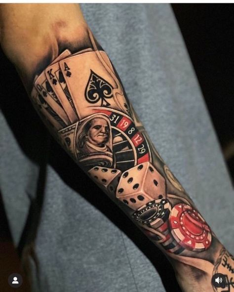 Lucas David, Poker Tattoo, Playing Card Tattoos, Tattoo Homme, Casino Tattoo, Ace Tattoo, Half Sleeve Tattoos Forearm, Money Tattoo, Bull Tattoos