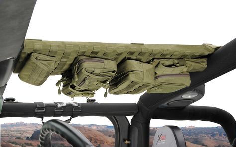 NEW! from Smittybilt, the G.E.A.R. Overhead Consoles feature 6 individual storage pouches with each pouch having additional storage inside. Made from the same G.E.A.R. Seat Cover material, the Overhead Consoles are manufactured from 600 Denier Polyester with a PVC liner. Camping Jeep, Jeep Gear, Jeep Interiors, Jeep Camping, Jeep Mods, Jeep Wrangler Accessories, Wrangler Accessories, Cool Jeeps, Jeep Tj