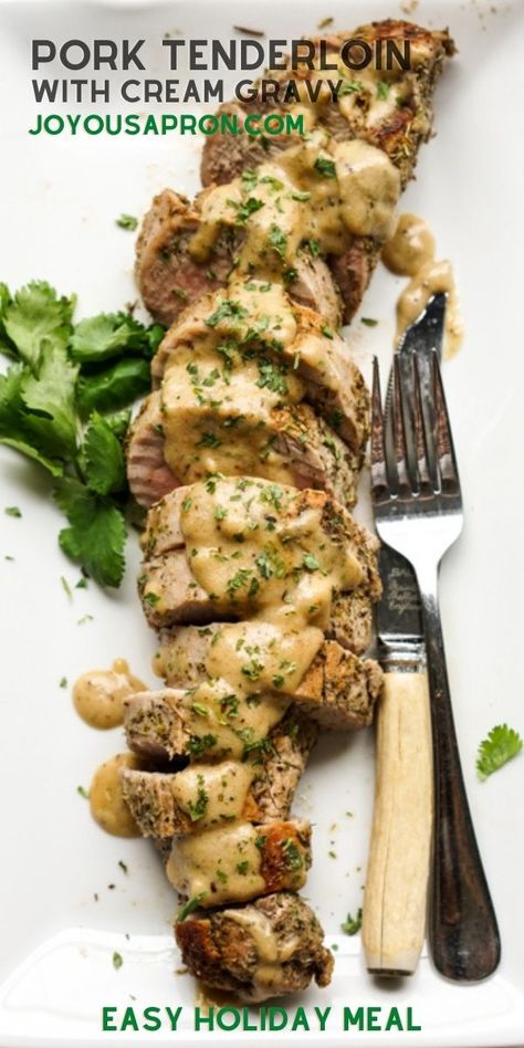 Pork Tenderloin with Cream Gravy - yummy and easy meat main dish recipe for your Christmas holiday dinner. Serve this pork dish with homemade cream gravy. #pork #meat #gravy #tenderloin #holidaydinner #Christmas #dinner #recipe #joyousapron Joyous Apron, Baked Pork Tenderloin, Roasted Pork Tenderloin, Pork Meals, Cream Gravy, Roasted Pork Tenderloins, Meat Dish, Pork Loin Recipes, Roasted Pork