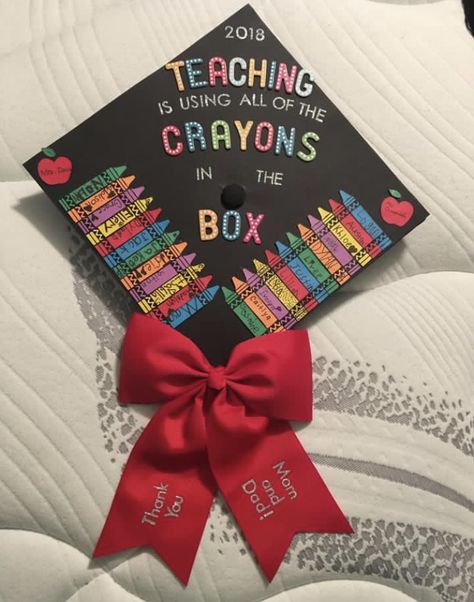 Crayons Decoration, Elementary Teacher Graduation Cap, Graduation Cap Designs Teacher, Graduation Cap Decoration Teacher, Teacher Graduation Party, Education Graduation Cap, Teacher Graduation Cap, Education Graduation, Elementary Graduation