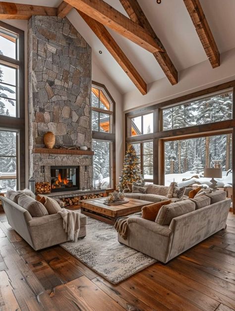 Barndominium Fireplace, Fireplace Accent Walls, Mountain Home Interiors, Black Barndominium, Cabin Living Room, Cathedral Ceilings, Dream Life House, Cottage Inspiration, House Aesthetic