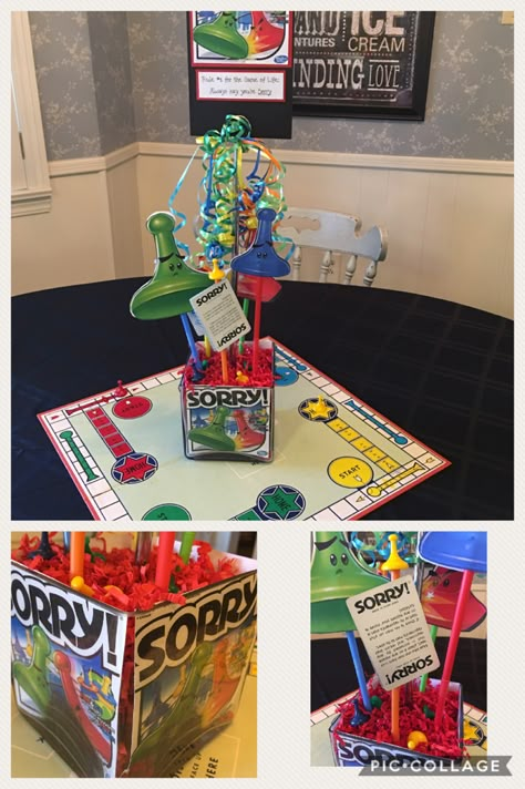 SORRY game board theme party centerpiece Game Themed Table Decor, Relay For Life Board Game Theme, Centerpieces For Game Night, Game Party Centerpieces, Board Game Center Piece, Game Night Theme Party Decorations, Game Themed Centerpieces, Trivia Party Decorations, Board Game Table Centerpieces