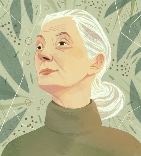 Jane Goodall Art, Jane Goodall Portrait, Grandma Illustration, Woman Portrait Illustration, Portrait Illustration Art, Illustrated Portraits, Person Illustration, A Cartoon Character, Nature And Animals