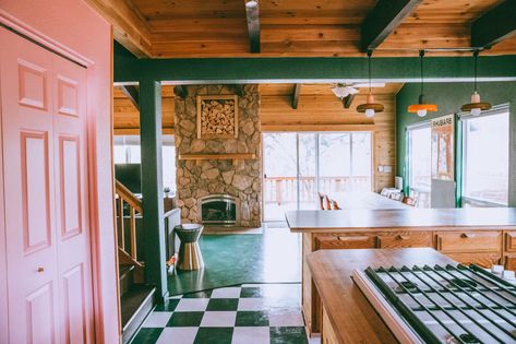 Modern 70s Home Kitchen, Modern 70s Home, 70s Cabin, Painted Wood Floor, Painted Wood Floors, 70s Home, Vinyl Floor, Mountain Cabin, Retro Kitchen