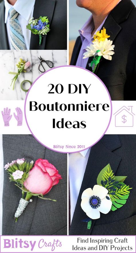 Felt Boutonniere Diy, Diy Boutonniere Wedding Fake Flowers, Homecoming Boutineer Ideas, Buttoniere Wedding Boutonnieres, Diy Boutineers How To Make, Diy Boutonniere Prom, How To Make A Boutonniere Diy, Homemade Boutonniere, Boutineer Ideas Wedding