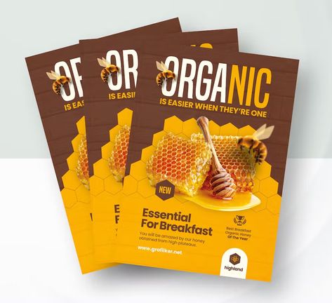 Organic Honey Flyer Templates INDD, PSD Honey Label Design, Honey Label, Organic Honey, Best Breakfast, Print Templates, Label Design, Flyer Template, Honey