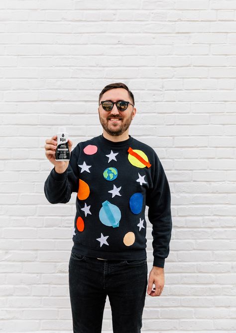 DIY Solar System Couples Costume - The Crafted Life Space Themed Family Costumes, Astronomer Costume, Solar System Costume Kids, Space Themed Halloween Costumes, Moon Costume Men, Solar System Costume, Diy Solar System Costume, Solar System Halloween Costume, Solar System Costume Women