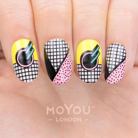 Retro never gets old 😜🔝⠀ ⠀ 👉Plates - Mix & Match 01/02⠀ 👉Polishes - Black Knight // White Knight // Candy Floss // Bora Bora // Bananarama⠀ ⠀ #MYL #moyoulondon ⠀ ⠀⠀⠀⠀ #nails #notd #nailsoftheday #nailart #naillove #ignails #nailartclub #instanails #nageldesign #nailsofinstagram #bbloggers #nailfashion #showmethemani #nailpolish #stamping #stampingnailart #art #style #fblogger #fashion #summernails #summernailart #summervibes Mix Match Nails, Stamping Nail Polish, Retro Nails, White Knight, Tropical Prints, Black Knight, Gel Designs, Nail Stamping Plates, Nail Envy