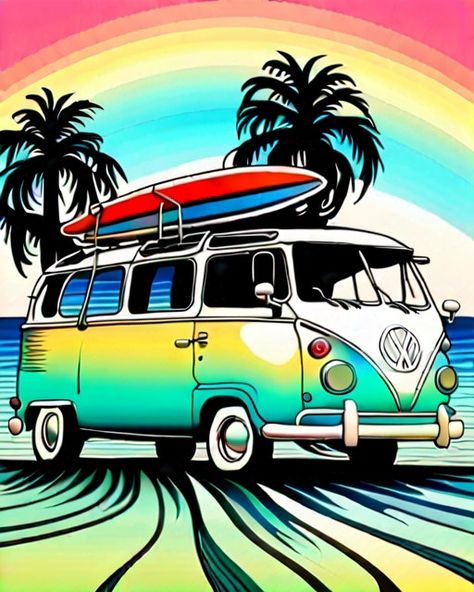 Vw Bus Painting, Vw Bus Illustration, Cartoon Vw Bus, Vw Bus With Surfboard, Vw Art, Volkswagen Bus Beach, Vw Bus, Unique Artwork, Portrait Art