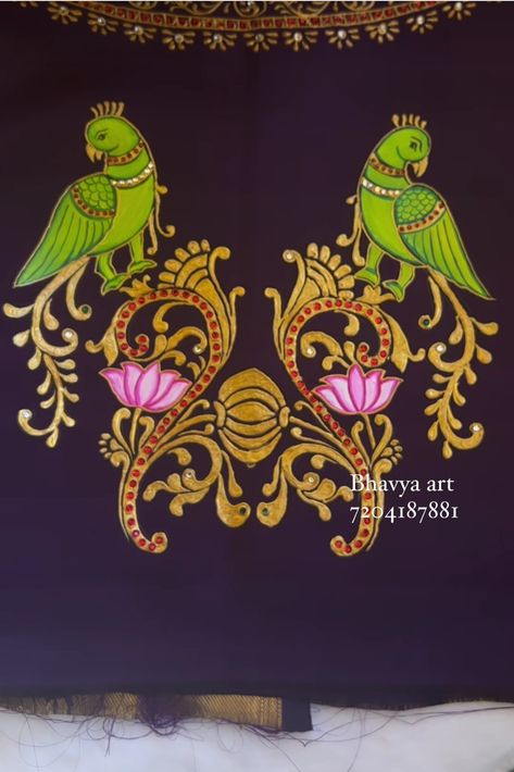 Elephant Tanjore Painting On Fabric, Tanjore Painting Sketches Parrot, Parrot Tanjore Painting, Parrot Fabric Painting, Tanjore Painting Sketches For Blouse, Tanjore Painting On Blouses, Blouse Painting Designs, Tanjore Painting On Fabric, Tanjore Painting Sketches