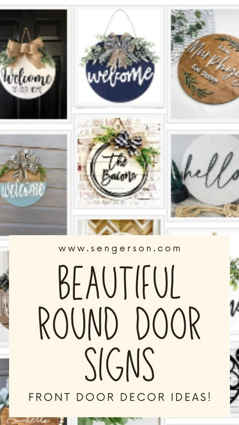 Calling all front door decor lovers! If you're obsessed with round door signs like me, then you have to check out this must-have roundup of the most beautiful designs. From rustic charm to personalized styles, these round wood signs will make a lasting impression on anyone who enters your home. Elevate your front door decor and add a touch of warmth and welcome with these stunning must-haves. #FrontDoorDecor #WoodSigns #RusticCharm Round Door Signs, Round Wood Signs, Welcome Wood Sign, Welcome Signs Front Door, Welcome Home Signs, Door Hangers Diy, Welcome Door Signs, Wooden Signs Diy, Door Signs Diy