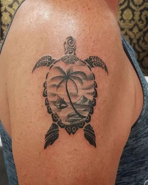 Turtle tattoos aren’t so popular, but you can find many interesting ideas of these tattoos too. Turtle island tattoos are quite popular designs. Island Turtle Tattoo, Sea Turtle With Palm Tree Tattoo, Maui Sea Turtle Tattoo, Turtle Compass Tattoo Ideas, Turtle Tattoo Sketch, Hawaiian Palm Tree Tattoo, Island Life Tattoo Ideas, 3d Turtle Tattoo, Unique Turtle Tattoos