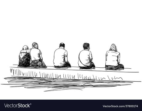 Sketch Group Of People, People Sitting On Bench, Bench Drawing, Sitting On Bench, Sketches Of People, Minimalist Drawing, Vector Sketch, Hand Drawn Illustration, Group Of People