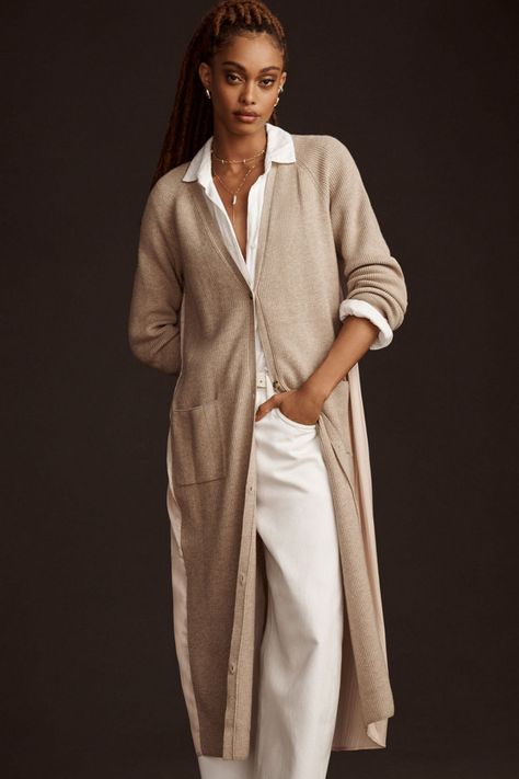 Rent Long Twofer Cardigan Sweater from Nuuly. Pick 6 items for $98/month. Free shipping + returns. Tan Cardigan Outfit, Winter White Outfit, Long Cardi, Winter Resort, Fall Winter Looks, Style Mood Board, Maxi Cardigan, White Outfit, Vintage Couture