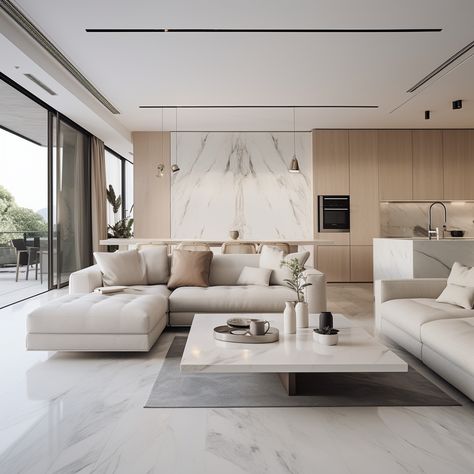 Immerse in the soft elegance of these white, marble-infused living rooms. Rendered with lifelike precision and warm, muted tones, the spaces exude a serene, earthy naturalism. #MarbleLivingRooms #WhiteInteriors #NaturalisticRenderings #ModernHomeDesign Marble Floor Living Room, White Living Rooms, Marble Living Room, Living Room Marble, Banja Luka, Bedroom Color Combination, White Marble Floor, Japandi Living, Italian Interior Design