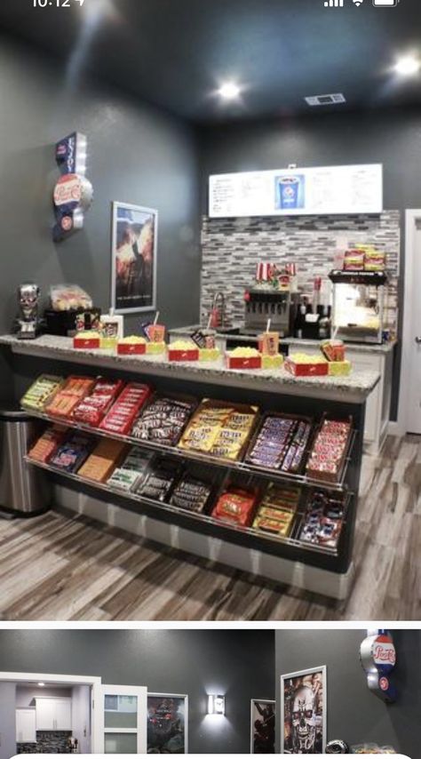 Movie Room Snack Bar Ideas Modern, Movie Theatre Snack Bar, Home Movie Theater Room Snack Bar, Candy Bar Ideas For Home, Theater Room Snack Bar, Home Movie Theater Snack Bar, Movie Room Snack Bar Ideas, Snack Bar Ideas Home, Movie Theater Snack Bar