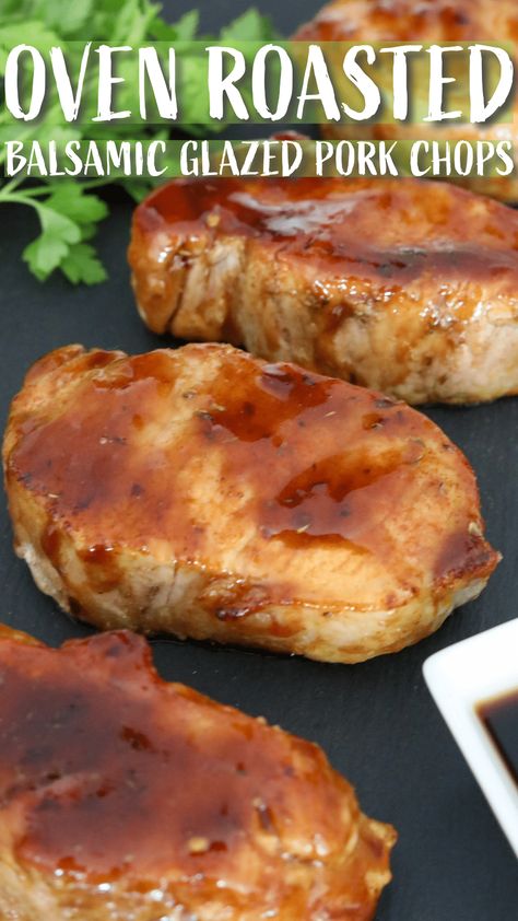 Oven Roasted Balsamic Glazed Pork Chops via @manmeetsoven Pork Chops With Balsamic Glaze, Balsamic Glaze Pork Chops, Oven Baked Pork Chop Recipe, Thick Cut Pork Chop Recipes, Balsamic Glazed Pork Chops, Oven Roasted Pork Chops, Glazed Pork Chops Recipes, Balsamic Pork Chops, Braised Pork Chops