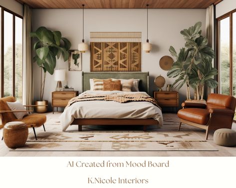 Midcentury Bohemian Mood Board With Links and Color Palette - Etsy Bohemian Mood Board, Midcentury Boho, Mediterranean Bedroom, Modern Boho Bedroom, Earthy Bedroom, Bedroom Colour Palette, Luxury Bedroom Master, Master Bed, Boho Design