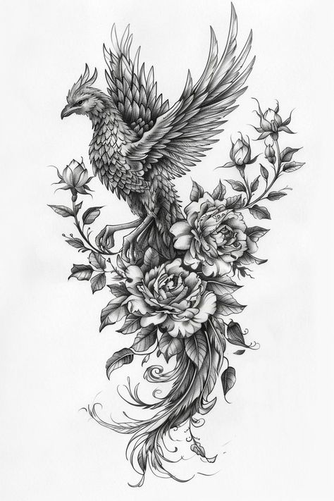 Realism Phoenix Tattoo, Phoenix And Rose Tattoo, Phoenix Half Sleeve Tattoo, Phoenix Sleeve Tattoo For Women, Phoenix Flower Tattoo, Phoenix Rising From Ashes Tattoo Women, Phenix Birds Tattoo, Phoenix And Flower Tattoo, Phoenix Bird Tattoo