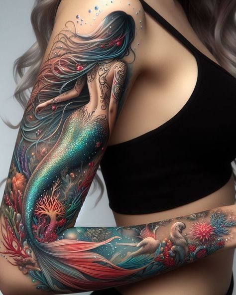 Ink your dreams with aquatic magic. A mermaid perched on a shipwreck, her tail swirling like a tempest. 2 Seahorses Tattoo, Mermaid Calf Tattoos For Women, Mystical Mermaid Tattoo, Aquatic Tattoo Ideas, Mermaid Tattoos For Women, Mermaid Back Tattoo, Mermaid Arm Tattoo, Mermaid Tattoo Ideas, Mermaid Tail Tattoo