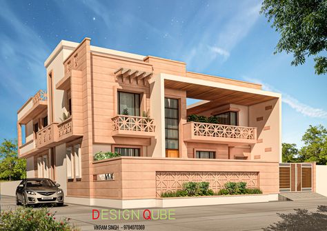 Bunglow Elevation Classic, Terracotta Jaali House Elevation, Rajasthani Elevation, Jodhpur Stone Elevation, Jaipur Architecture Inspiration, Stone Elevation, Sandstone House, Indian House Exterior Design, Kitchen Colour