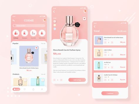 Cosmetic Mobile App UI Design by Khánh Võ Aesthetic Ui Design, Creative App Design, Apps Ideas, Cosmetic Web, Mobile App Ui Design, Ux Design Mobile, Figma Design, Coding Lessons, App Design Layout