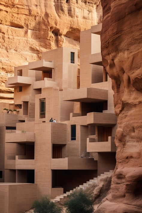 House against the rocks - Prompt in caption: architectural detail of modern lofty lush apartments against rocks, designed by gaudi, peter zumthor, ricardo Bofill, al ula Saudi arabia, scanner photography, 20 megapixels, terraces with rectangular cave openings #AIArt #midjourney #PromptPal #aiartcommunity #promptart #sharethisprompt #digitalart #aiphotography #midjourneyart #midjourneyartwork #midjourneygallery #aiartcommunity #generativeart #generativearts #aiart Ricardo Bofill Architecture, Edgy Architecture, Al Ula Saudi Arabia, Saudi Architecture, Zumthor Architecture, Scanner Photography, Peter Zumthor Architecture, Monument Architecture, Modern Mountain House