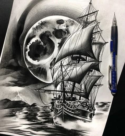 Finished up this #ship and #moon #tattoo #tattoospooky #blackandgrey #pencil #work #graphite #art #artoftheday #artist #artgallery #artistdrop #blvdart #artsanity #worldofpencils #drawing #create #spotlightonartists #sketch_daily #dailyart Wolf Sketch Tattoo, Tattoo Planets, Ship Tattoo Sleeves, Edinburgh Tattoo, Pirate Ship Tattoos, Ship Tattoos, Guerriero Samurai, Cardinal Tattoo, Boat Tattoo