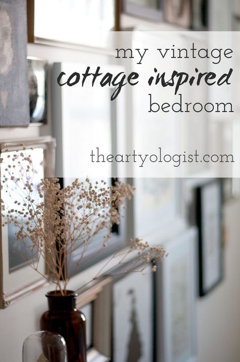 a bouquet of dried baby's breath in an amber bottle in front of a gallery wall covered with artwork English Cottage Bedroom Vintage, English Cottage Guest Bedroom, British Cottage Interior Bedroom, Vintage Cottage Decor Bedroom, Cottage Feel Bedroom, Cottage Bedroom Wall Decor, English Country Cottage Bathroom, Rustic Cottage Bedroom Ideas, Vintage Cottage Bedroom Ideas