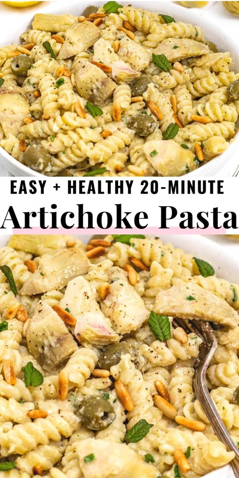 This 20-minute artichoke pasta is creamy, tangy, and packed with tender artichoke hearts. It's an easy, everyday, yet restaurant-worthy meal.The secret to this dish is to blend some of the artichokes and turn them into a creamy, tasty artichoke sauce, which, combined with the pasta, makes a delicious, family-friendly dinner. Artichoke Heart Pasta Salad, Artichoke Lunch Ideas, Pasta And Artichoke Recipes, Meals With Artichoke Hearts, Recipes Using Artichoke Hearts, Recipes With Artichoke Hearts, Artichoke Pasta Recipes, Creamy Artichoke Pasta, Artichoke Dishes