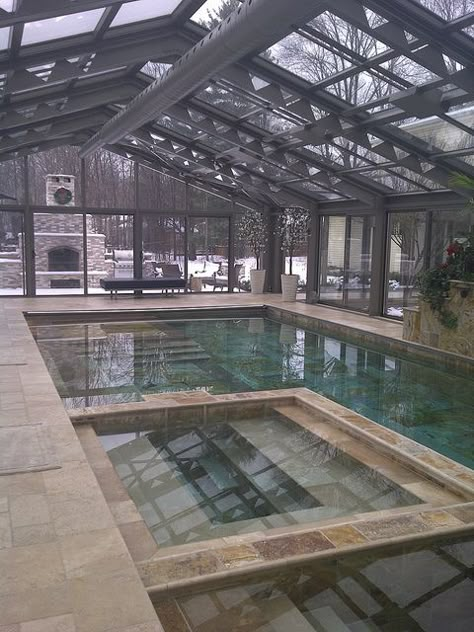 Indoor Pool Heated Outdoor Pool Winter, Indoor Pool And Greenhouse, Indoor Outdoor Pool Ideas, White Conservatory, Enclosed Pool, Winter Pool, Indoor Swimming Pool Design, Indoor Pool Design, Conservatory Roof