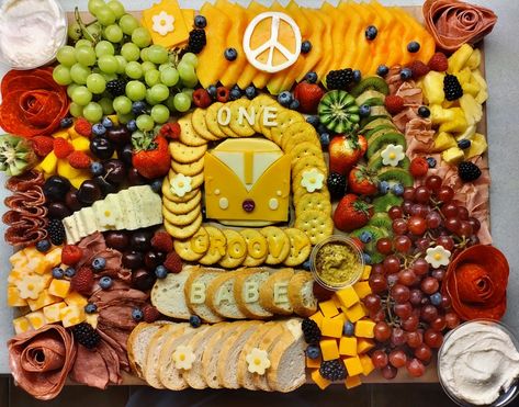 Two Groovy Food Table, Groovy Party Foods, Hippy Baby Shower Decor, Groovy Birthday Food Ideas, Hippie Birthday Party Food, Groovy One Food Ideas, Groovy One First Birthday Food, 70s Baby Shower Ideas, Groovy Snacks