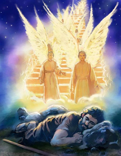 Genesis 28 Jacob’s Dream at Bethel Heaven Pictures, Jacob's Ladder, Bible History, Prophetic Art, Bible Pictures, Angels Among Us, Jesus Christ Images, Biblical Art, Angels In Heaven